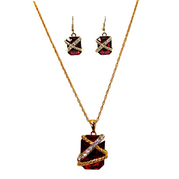 Sparkling Red Rectangle Crystal Pendant Necklace and Matching Earring Set - Picture 2 of 9